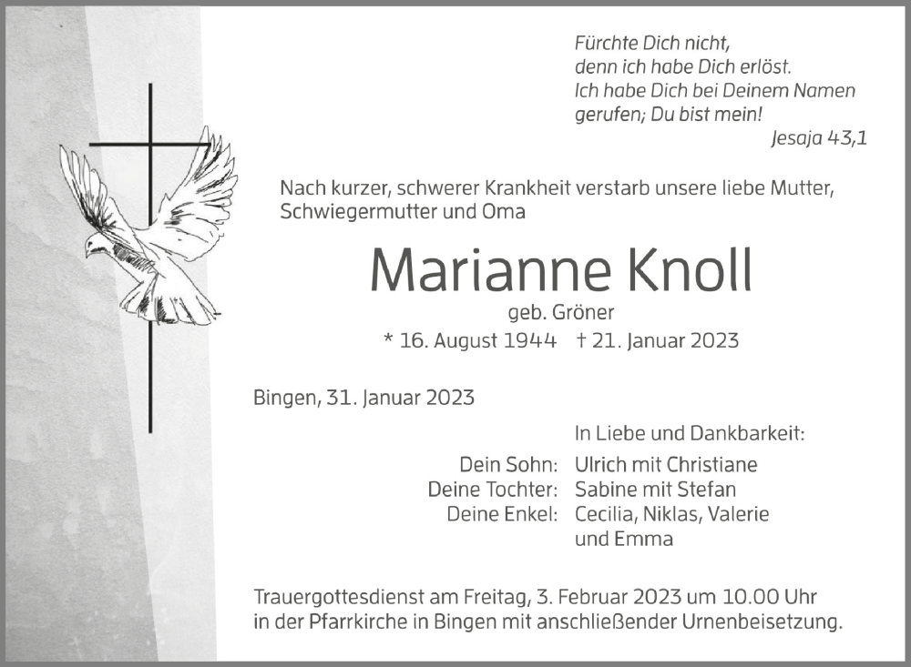  Traueranzeige für Marianne Knoll vom 31.01.2023 aus Schwäbische Zeitung