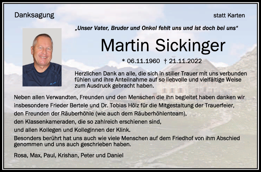  Traueranzeige für Martin Sickinger vom 07.01.2023 aus Schwäbische Zeitung