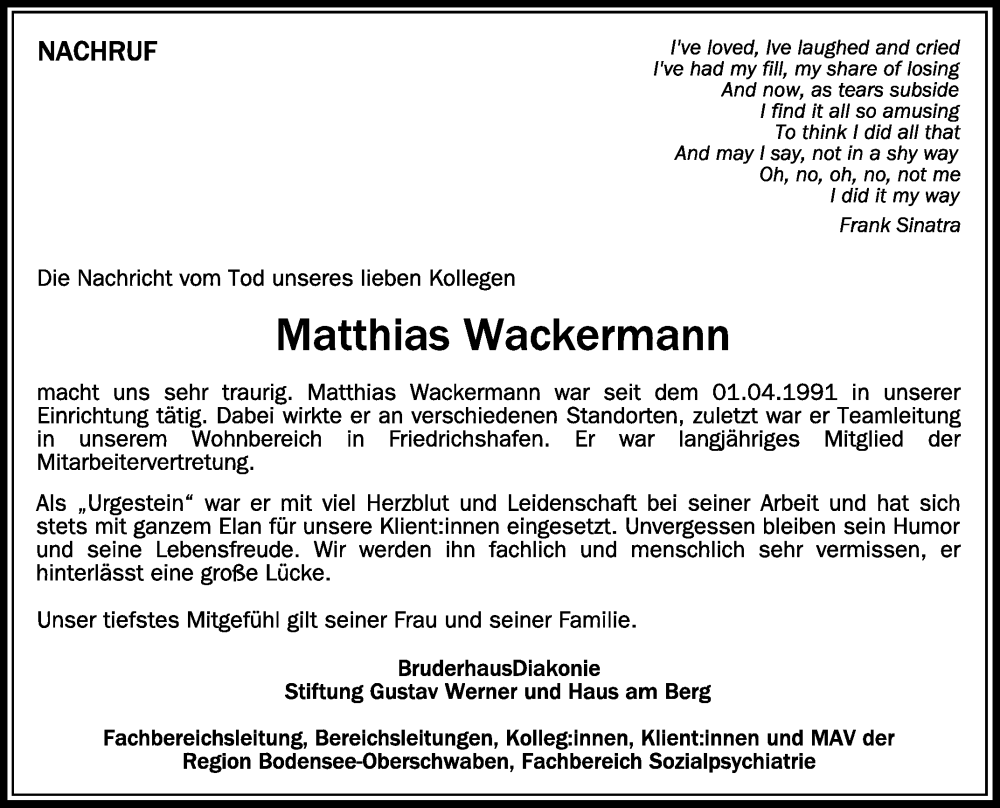  Traueranzeige für Matthias Wackermann vom 28.01.2023 aus Schwäbische Zeitung