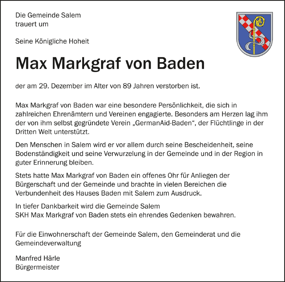  Traueranzeige für Max Markgraf von Baden vom 05.01.2023 aus Schwäbische Zeitung