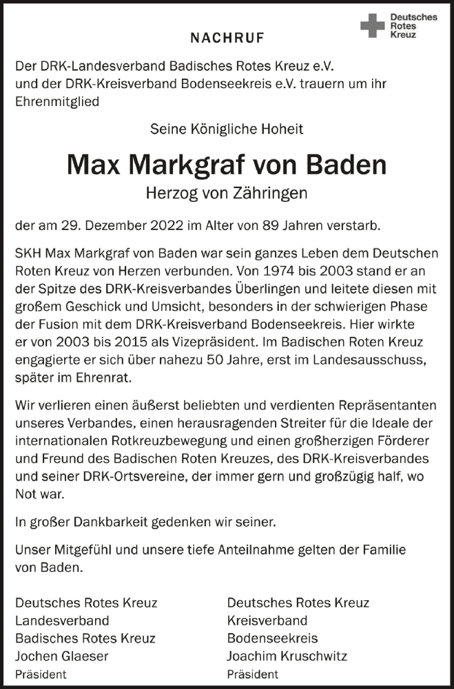  Traueranzeige für Max Markgraf von Baden vom 07.01.2023 aus Schwäbische Zeitung