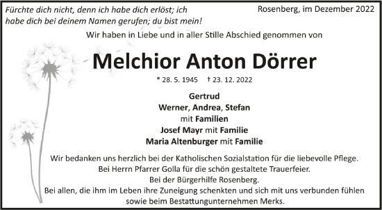 Anzeige von Melchior Anton Dörrer von Schwäbische Zeitung