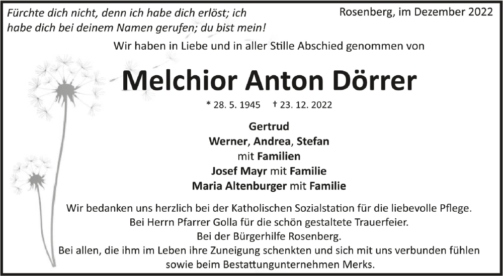  Traueranzeige für Melchior Anton Dörrer vom 13.01.2023 aus Schwäbische Zeitung