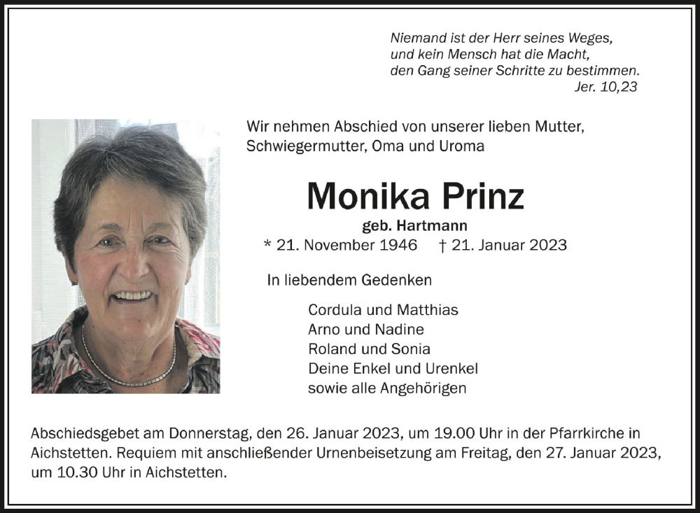  Traueranzeige für Monika Prinz vom 24.01.2023 aus Schwäbische Zeitung