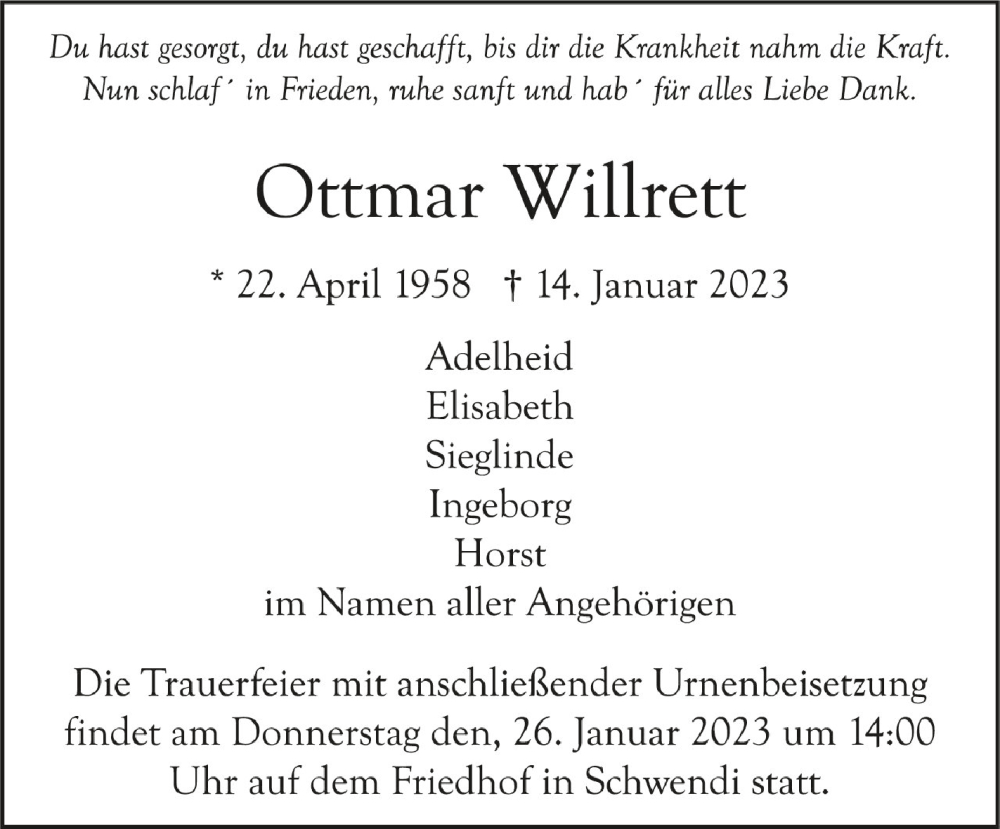  Traueranzeige für Ottmar Willrett vom 21.01.2023 aus Schwäbische Zeitung