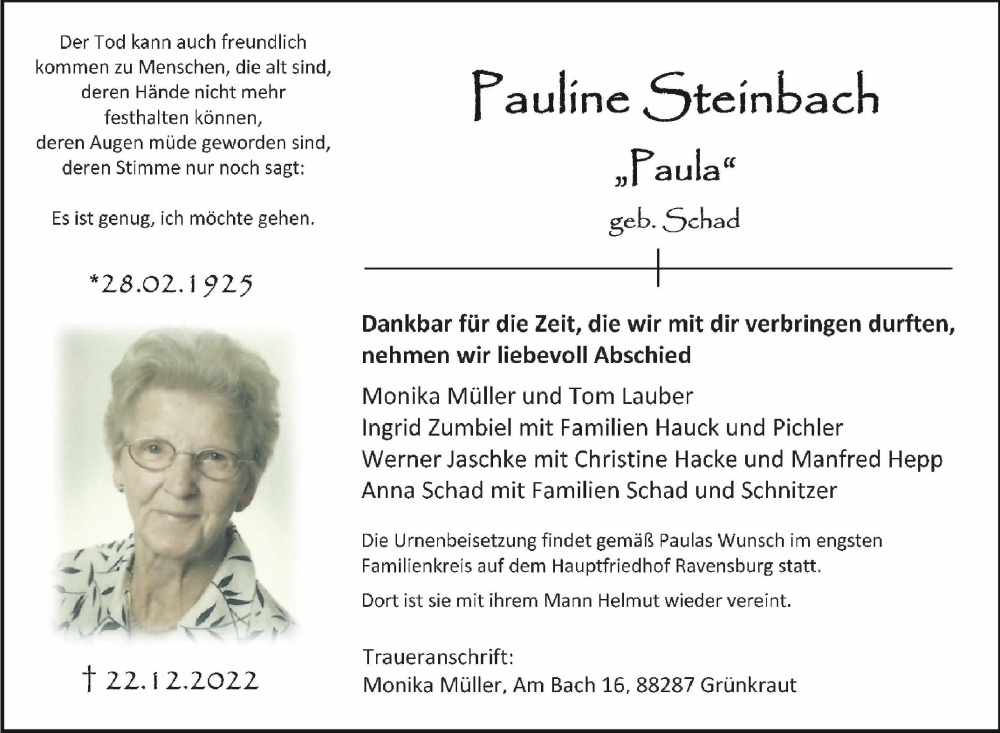  Traueranzeige für Pauline Steinbach vom 05.01.2023 aus Schwäbische Zeitung