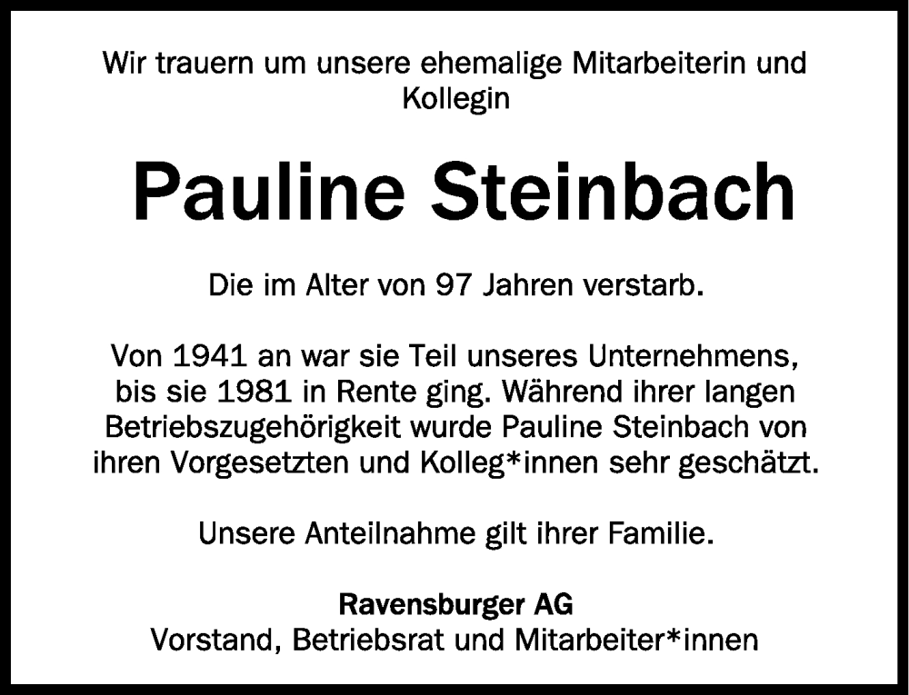  Traueranzeige für Pauline Steinbach vom 19.01.2023 aus Schwäbische Zeitung