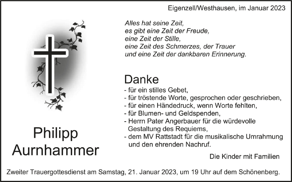  Traueranzeige für Philipp Aurnhammer vom 19.01.2023 aus Schwäbische Zeitung