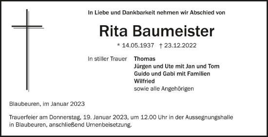 Anzeige von Rita Baumeister von Schwäbische Zeitung