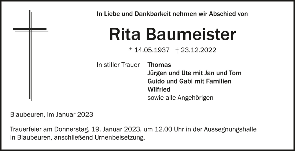  Traueranzeige für Rita Baumeister vom 13.01.2023 aus Schwäbische Zeitung