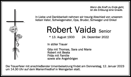 Anzeige von Robert Vaida von Schwäbische Zeitung