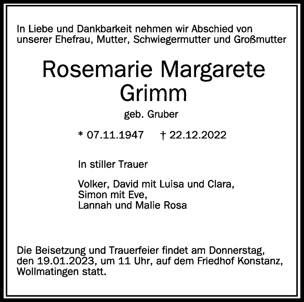  Traueranzeige für Rosemarie Margarete Grimm vom 14.01.2023 aus Schwäbische Zeitung