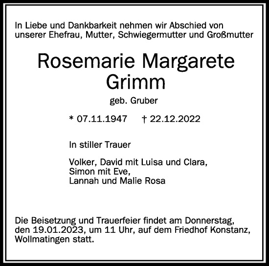 Anzeige von Rosemarie Margarete Grimm von Schwäbische Zeitung