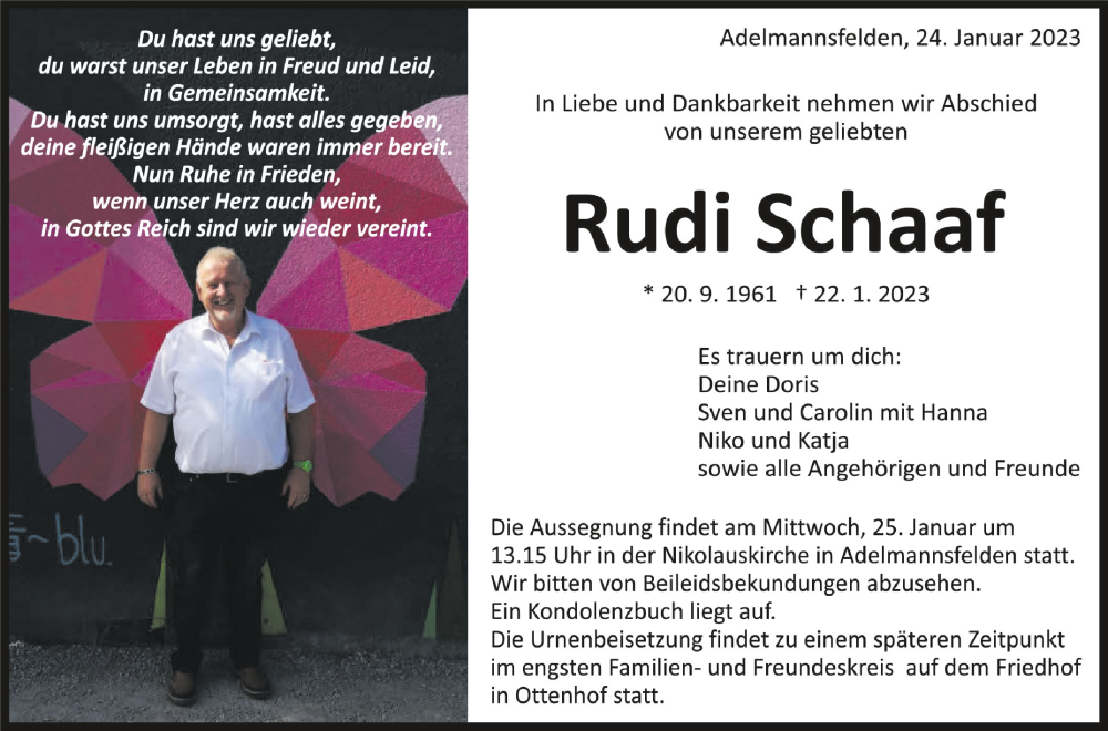  Traueranzeige für Rudi Schaaf vom 24.01.2023 aus Schwäbische Zeitung
