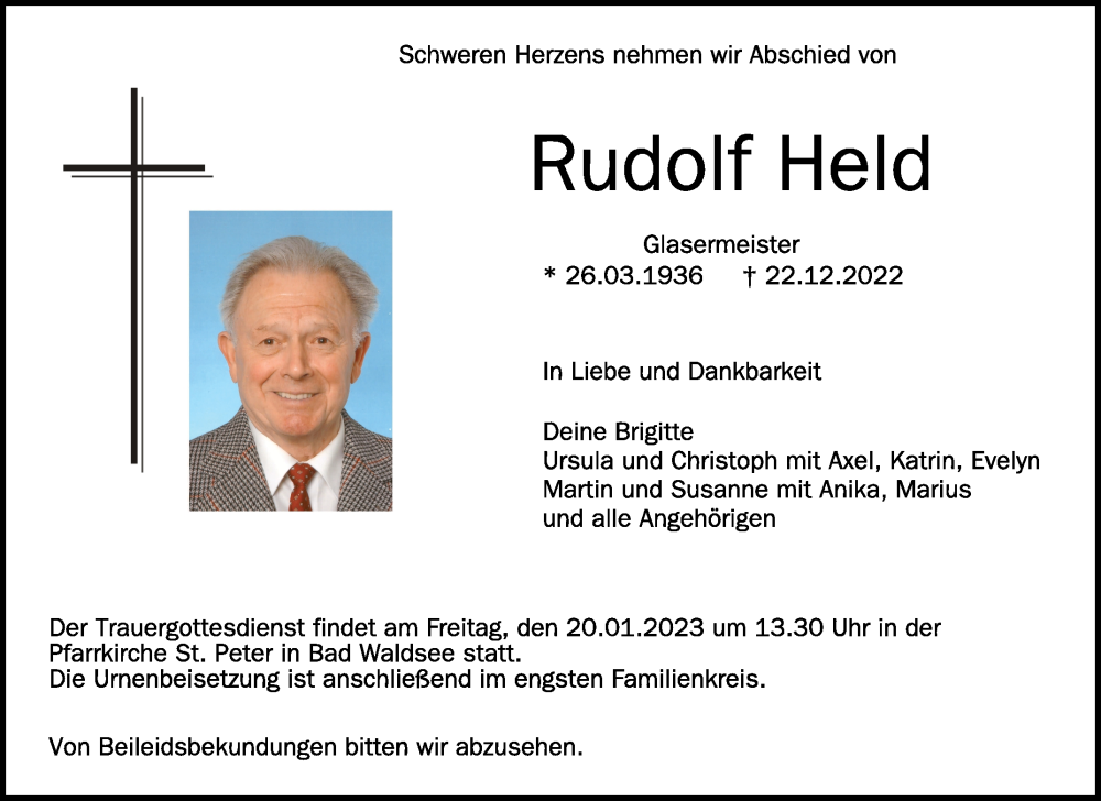  Traueranzeige für Rudolf Held vom 07.01.2023 aus Schwäbische Zeitung