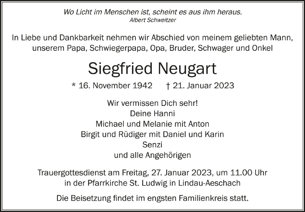  Traueranzeige für Siegfried Neugart vom 24.01.2023 aus Schwäbische Zeitung