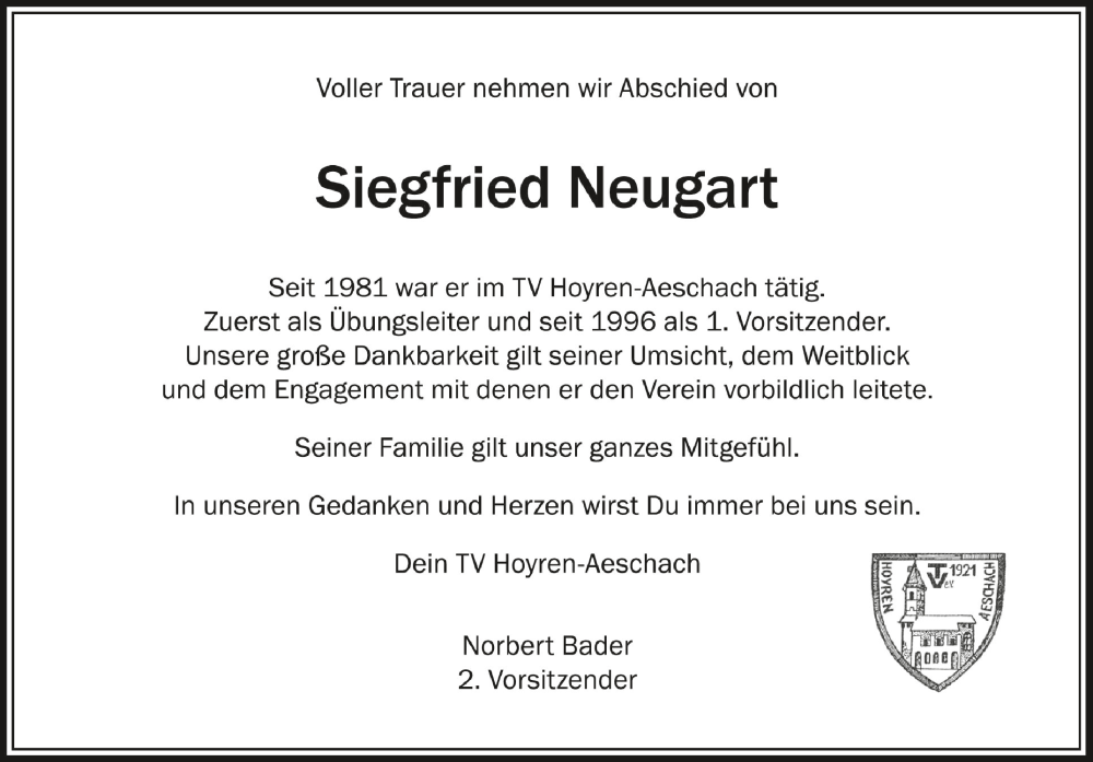  Traueranzeige für Siegfried Neugart vom 26.01.2023 aus Schwäbische Zeitung