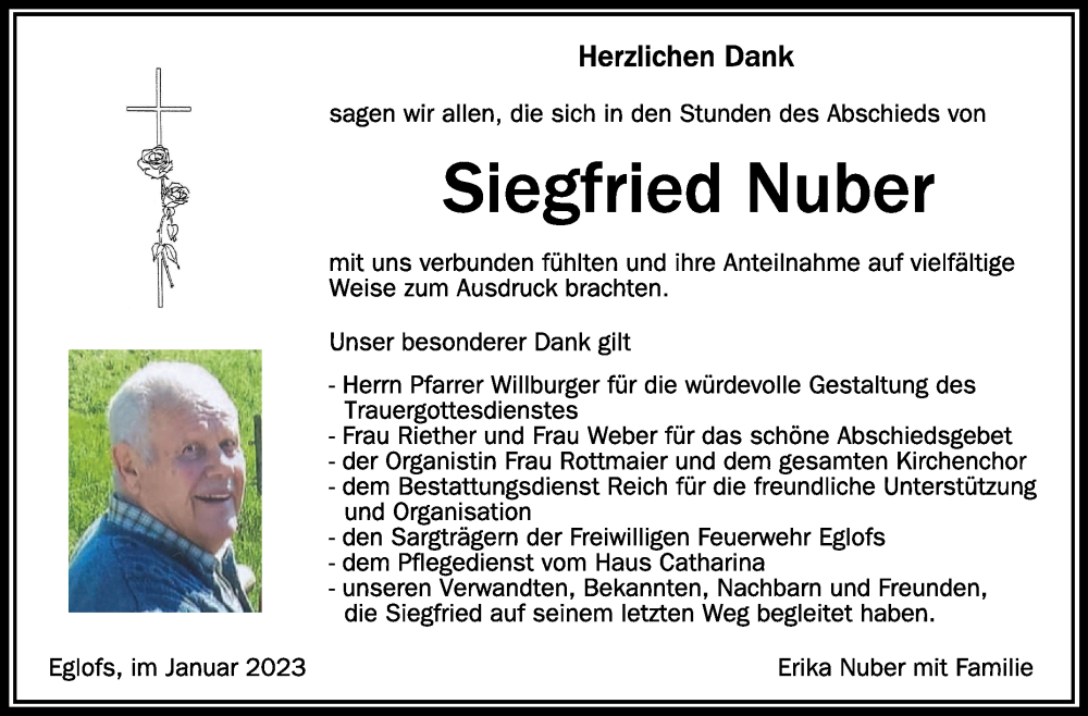  Traueranzeige für Siegfried Nuber vom 05.01.2023 aus Schwäbische Zeitung