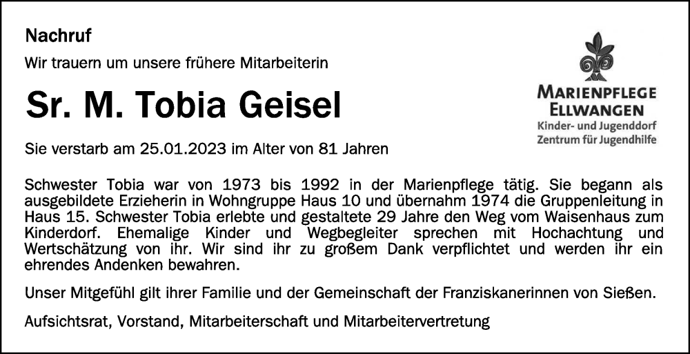  Traueranzeige für Tobia Geisel vom 27.01.2023 aus Schwäbische Zeitung