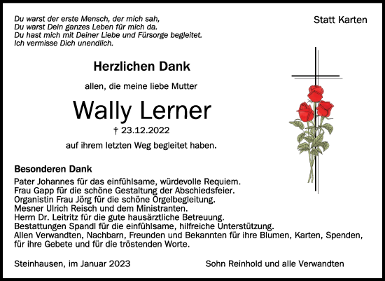 Anzeige von Wally Lerner von Schwäbische Zeitung