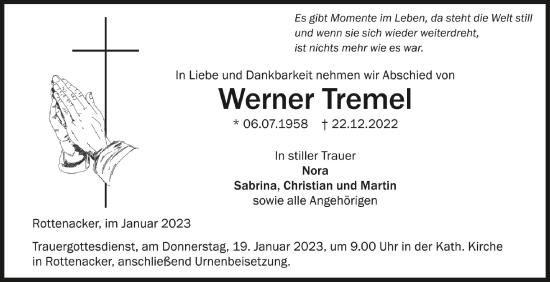 Anzeige von Werner Tremel von Schwäbische Zeitung