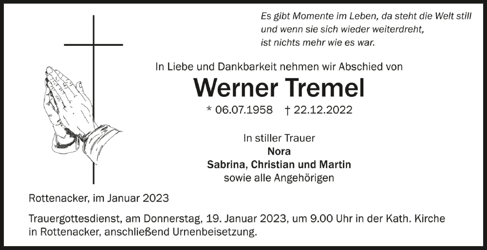  Traueranzeige für Werner Tremel vom 14.01.2023 aus Schwäbische Zeitung