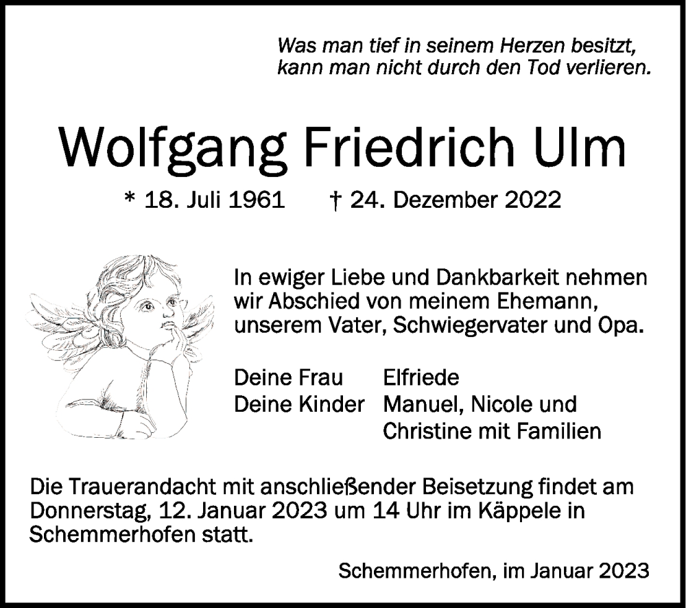  Traueranzeige für Wolfgang Friedrich Ulm vom 07.01.2023 aus Schwäbische Zeitung