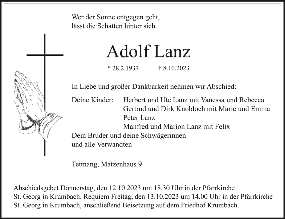  Traueranzeige für Adolf Lanz vom 11.10.2023 aus Schwäbische Zeitung