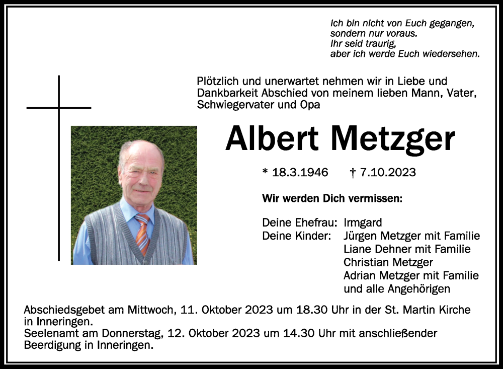  Traueranzeige für Albert Metzger vom 10.10.2023 aus Schwäbische Zeitung