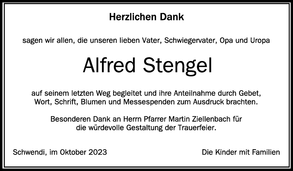  Traueranzeige für Alfred Stengel vom 11.10.2023 aus Schwäbische Zeitung