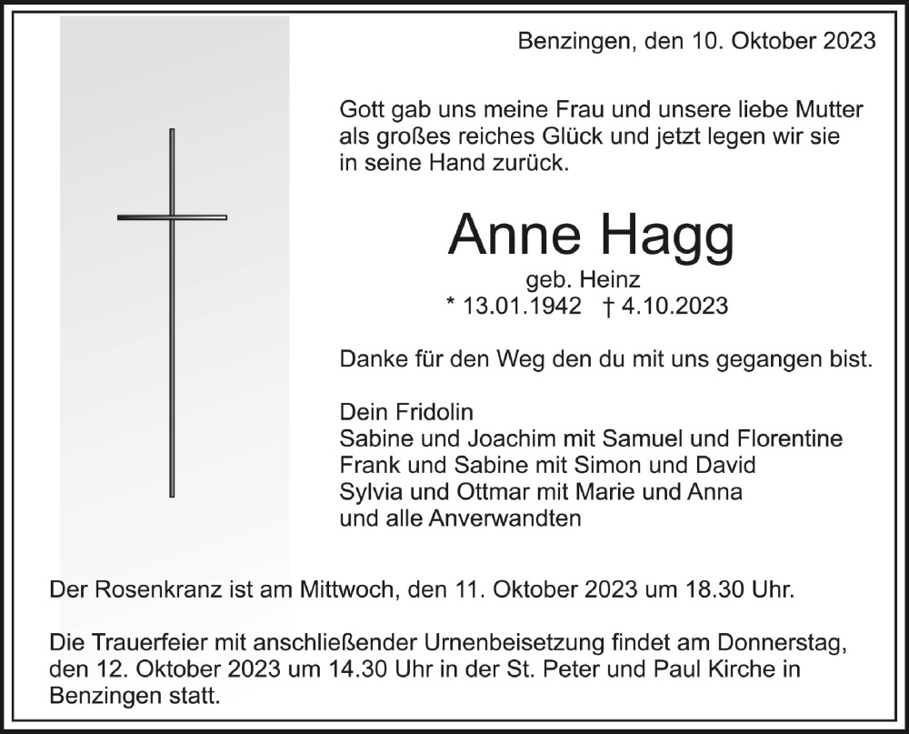  Traueranzeige für Anne Hagg vom 10.10.2023 aus Schwäbische Zeitung