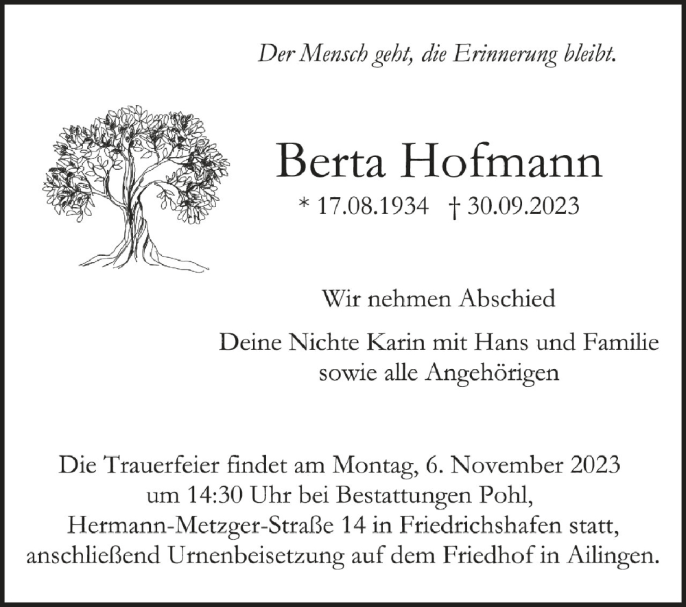  Traueranzeige für Berta Hofmann vom 28.10.2023 aus Schwäbische Zeitung