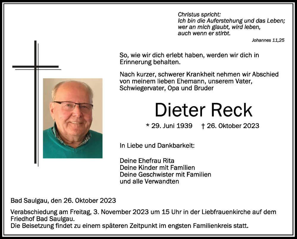  Traueranzeige für Dieter Reck vom 31.10.2023 aus Schwäbische Zeitung