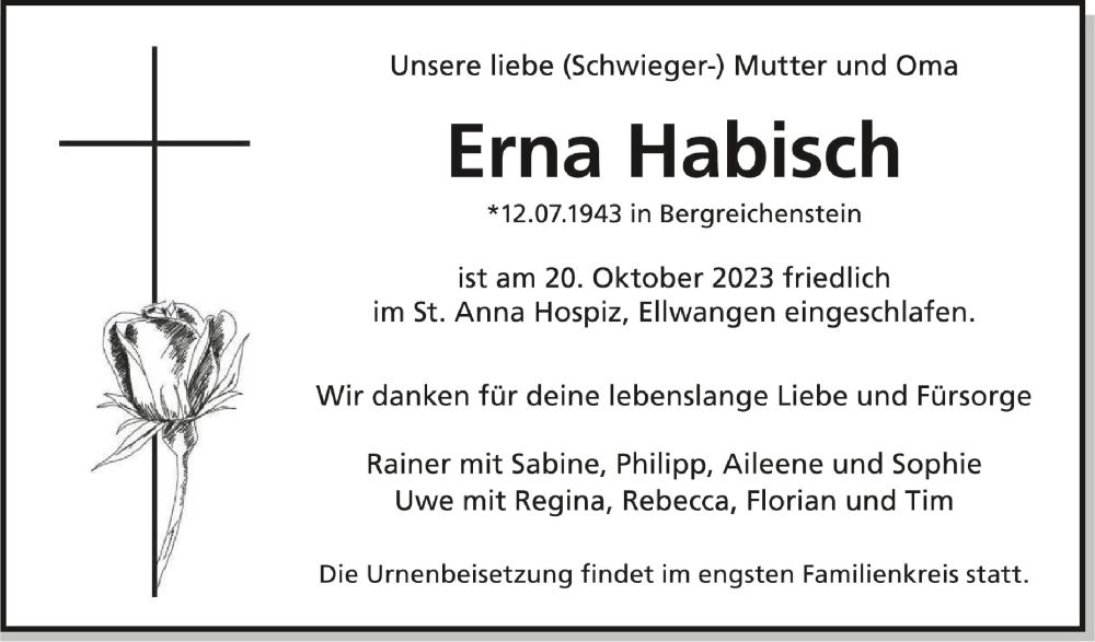  Traueranzeige für Erna Habisch vom 28.10.2023 aus Schwäbische Zeitung