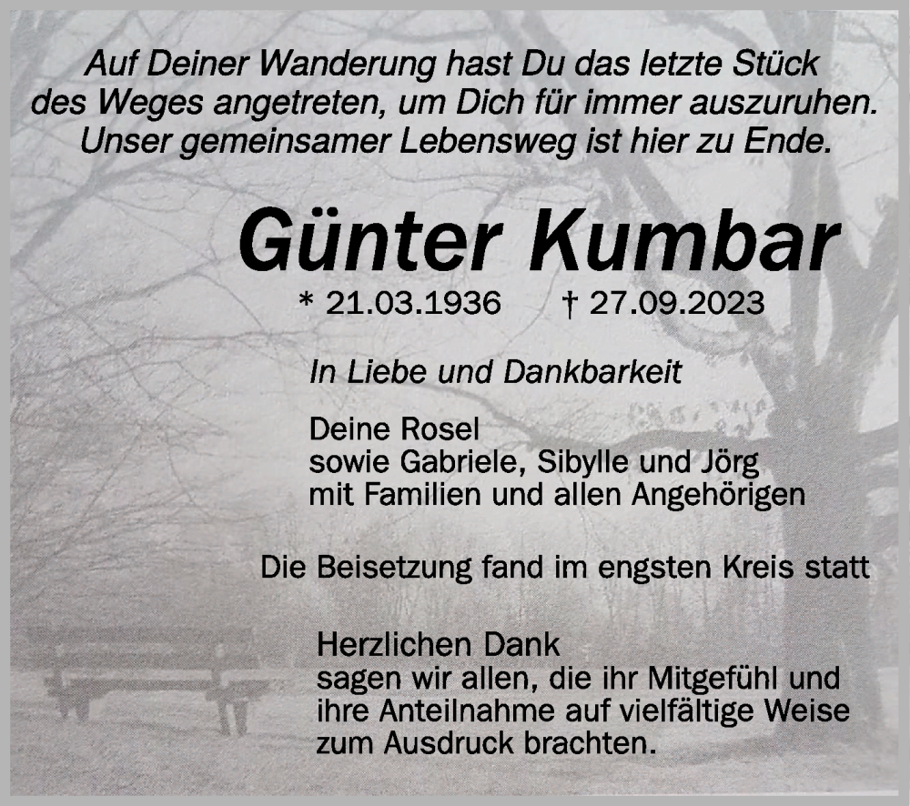  Traueranzeige für Günter Kumbar vom 25.10.2023 aus Schwäbische Zeitung