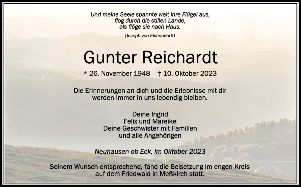  Traueranzeige für Gunter Reichardt vom 30.10.2023 aus Schwäbische Zeitung