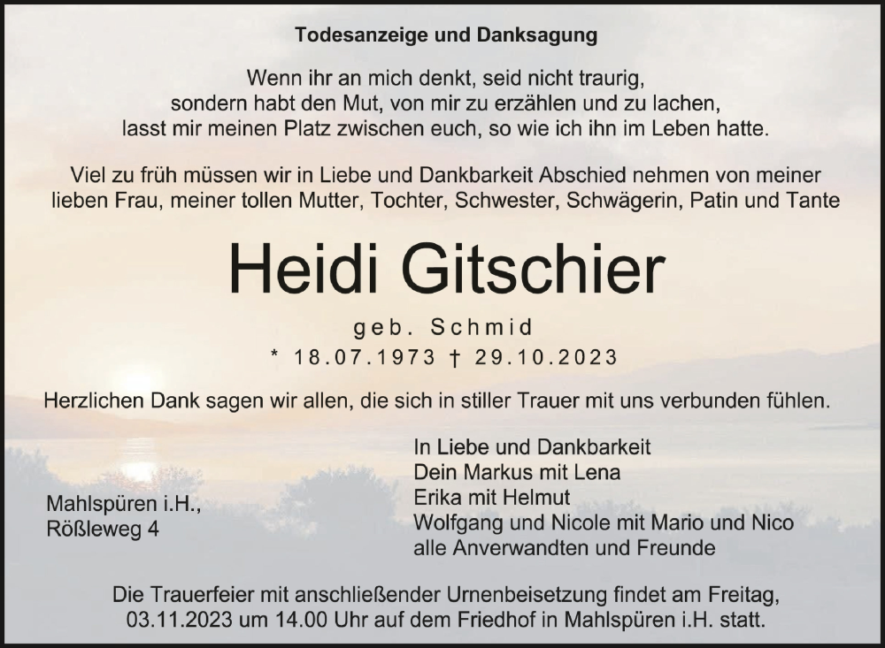  Traueranzeige für Heidi Gitschier vom 31.10.2023 aus Schwäbische Zeitung