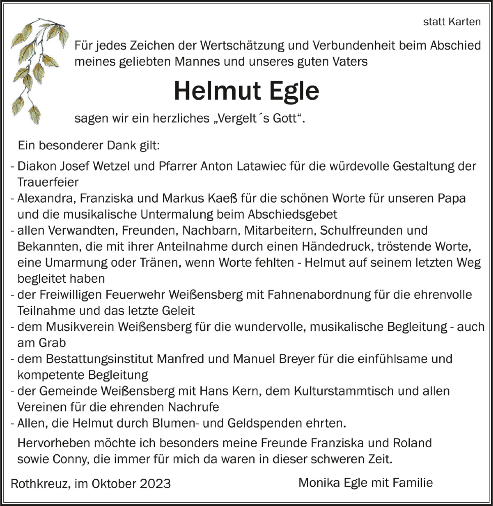  Traueranzeige für Helmut Egle vom 14.10.2023 aus Schwäbische Zeitung