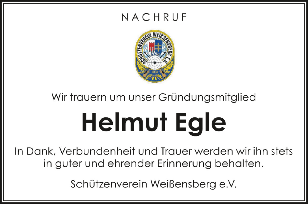  Traueranzeige für Helmut Egle vom 04.10.2023 aus Schwäbische Zeitung