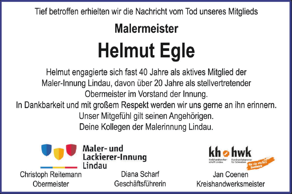  Traueranzeige für Helmut Egle vom 06.10.2023 aus Schwäbische Zeitung
