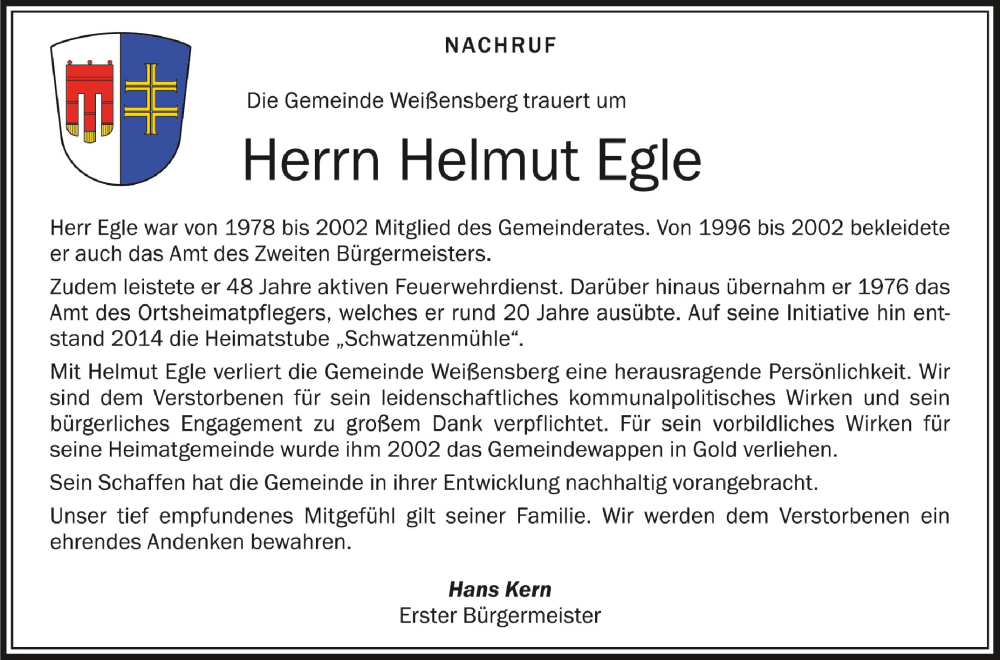 Traueranzeige für Helmut Egle vom 05.10.2023 aus Schwäbische Zeitung