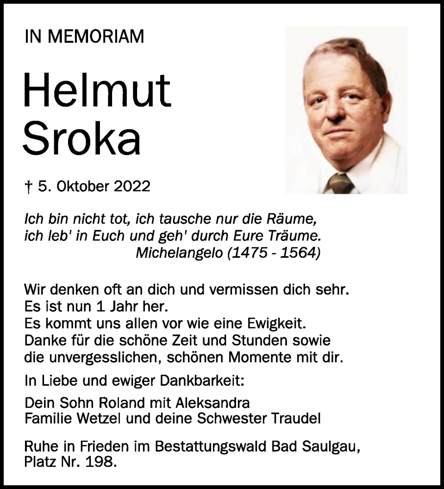  Traueranzeige für Helmut Sroka vom 07.10.2023 aus Schwäbische Zeitung