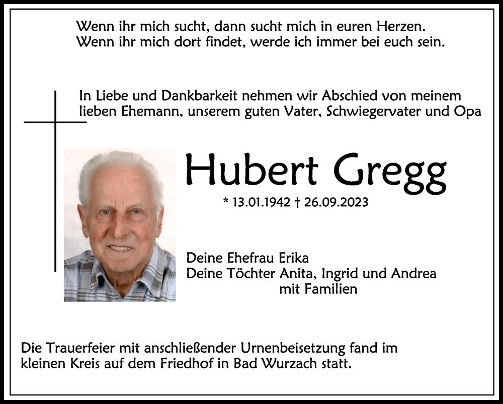  Traueranzeige für Hubert Gregg vom 14.10.2023 aus Schwäbische Zeitung