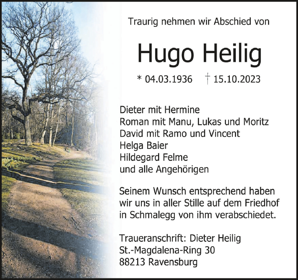  Traueranzeige für Hugo Heilig vom 28.10.2023 aus Schwäbische Zeitung