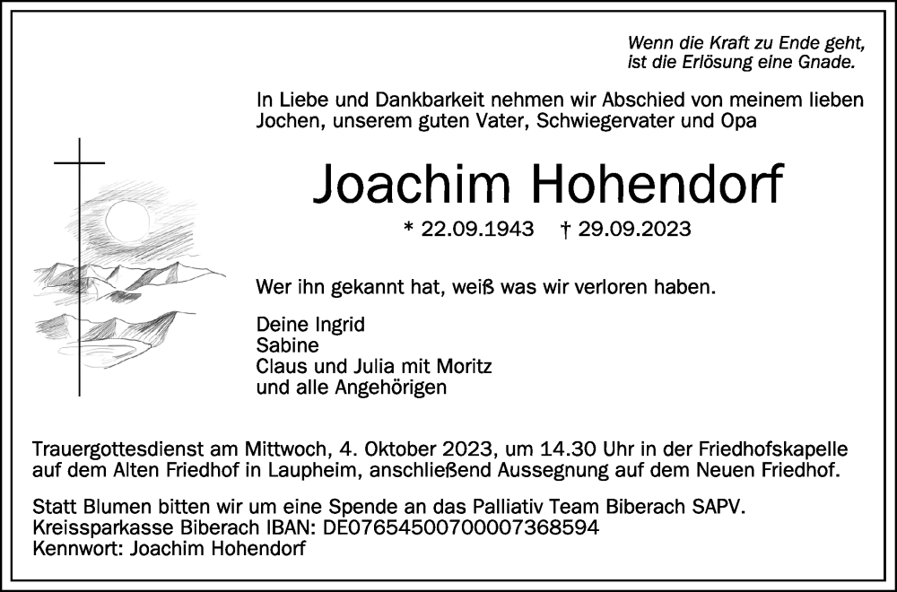  Traueranzeige für Joachim Hohendorf vom 02.10.2023 aus Schwäbische Zeitung