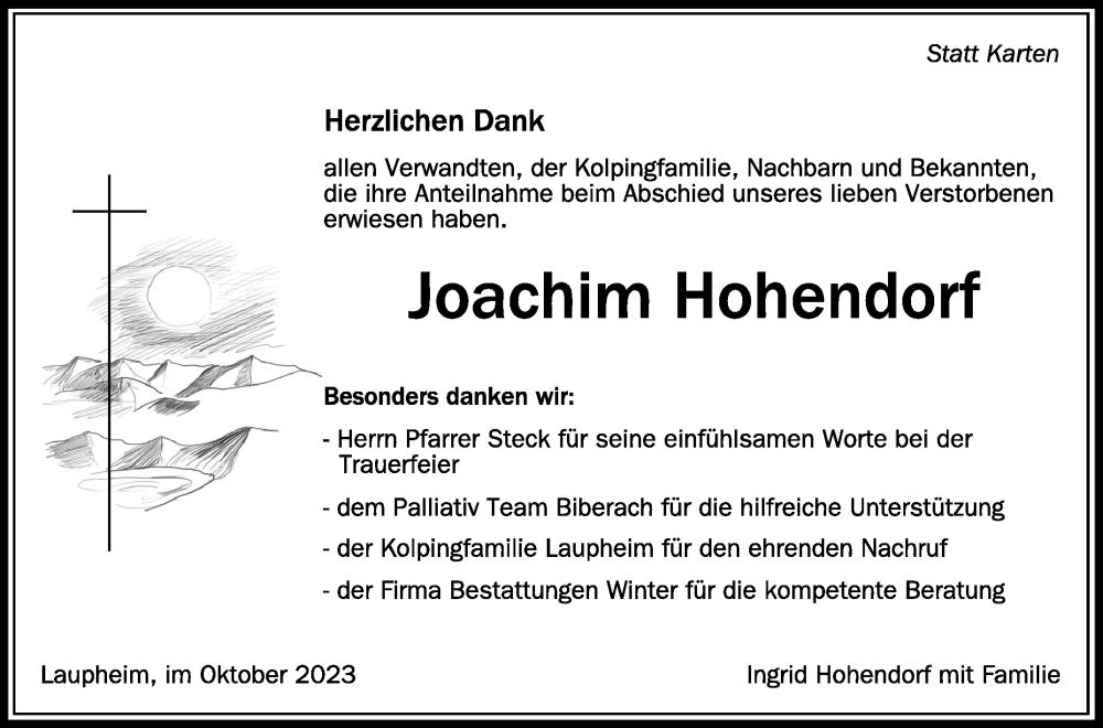  Traueranzeige für Joachim Hohendorf vom 21.10.2023 aus Schwäbische Zeitung