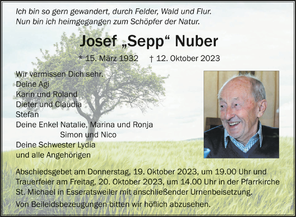  Traueranzeige für Josef  Nuber vom 14.10.2023 aus Schwäbische Zeitung