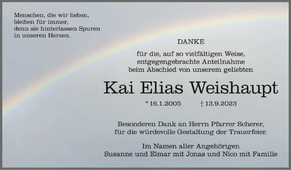  Traueranzeige für Kai Elias Weishaupt vom 21.10.2023 aus Schwäbische Zeitung