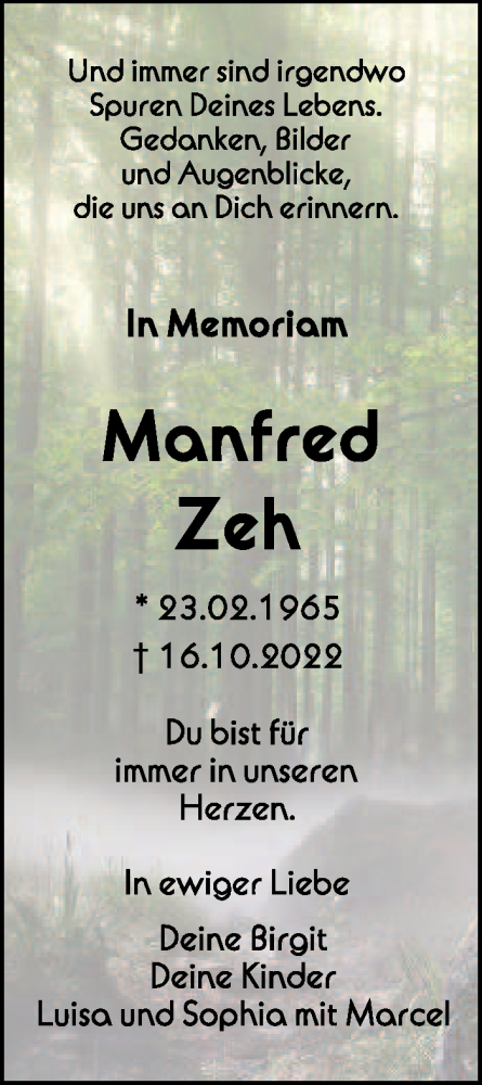 Traueranzeige für Manfred Zeh vom 16.10.2023 aus Schwäbische Zeitung