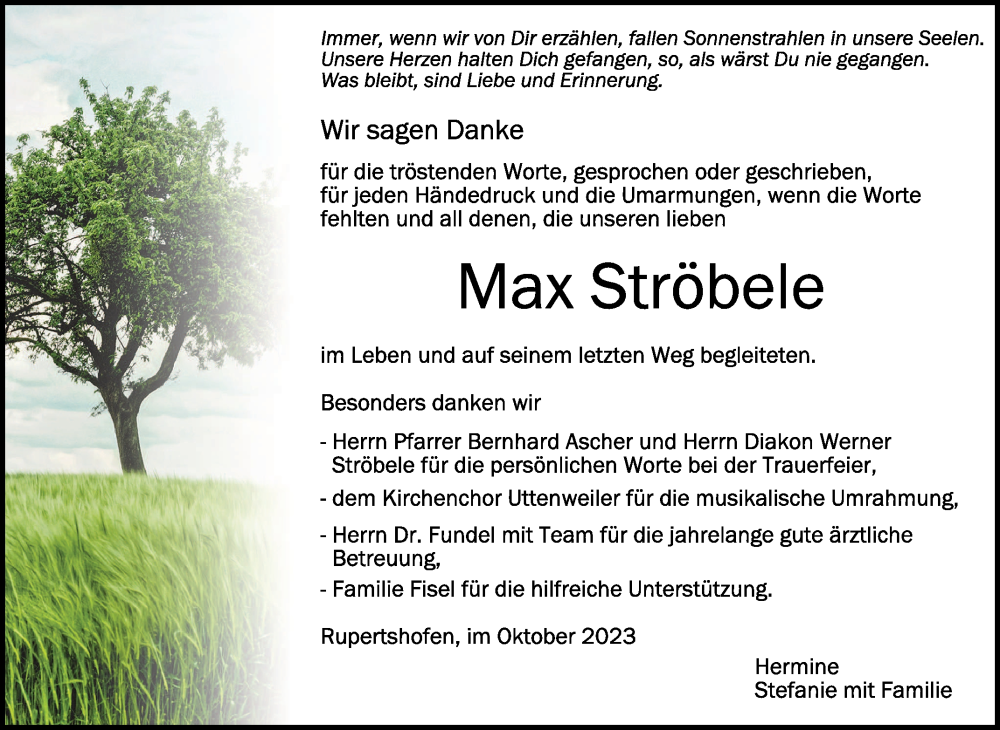  Traueranzeige für Max Ströbele vom 28.10.2023 aus Schwäbische Zeitung
